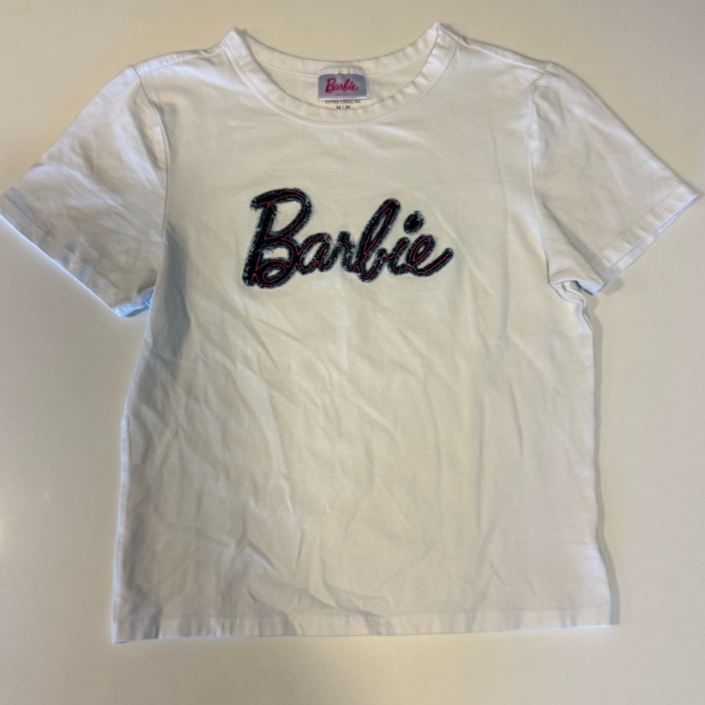 Cotton On White Baby Tee with Jean Embroidered Barbie Logo